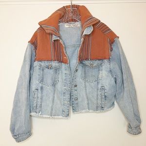 FREE PEOPLE Cropped Jean Denim Jacket with Printed Fabric
